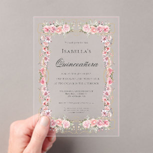 Pink Floral Quinceañera Elegant Celebration 15 Acrylic Invitations