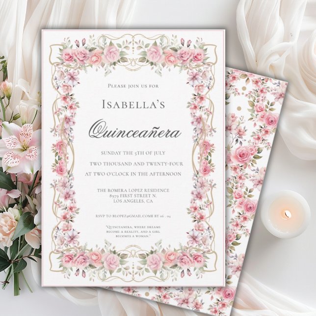 Pink Floral Quinceañera Elegant Celebration 15 Invitation (Creator Uploaded)