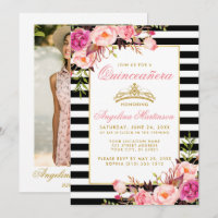 Pink Floral Quinceanera Gold Crown Striped Photo
