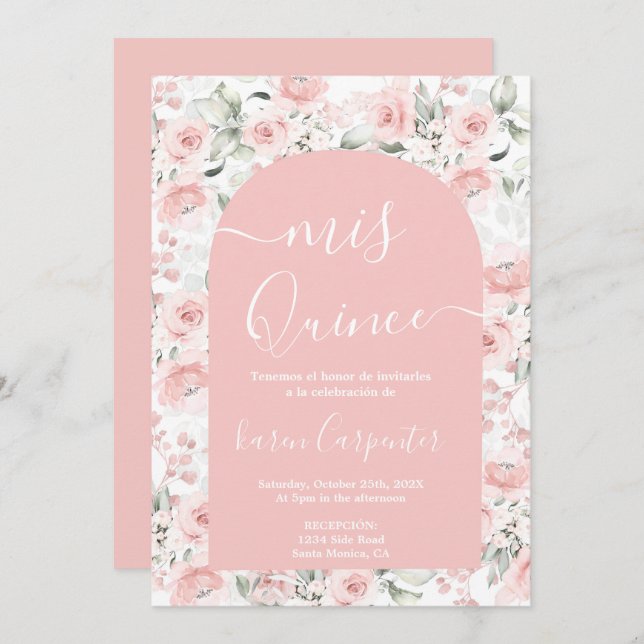 Pink Floral Quinceanera Invitation (Front/Back)