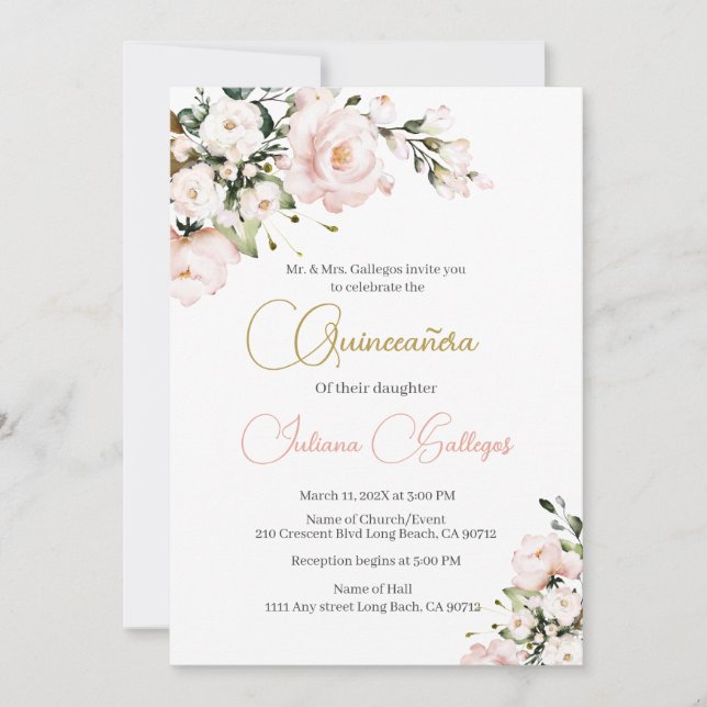  Pink Floral Quinceanera invitation (Front)