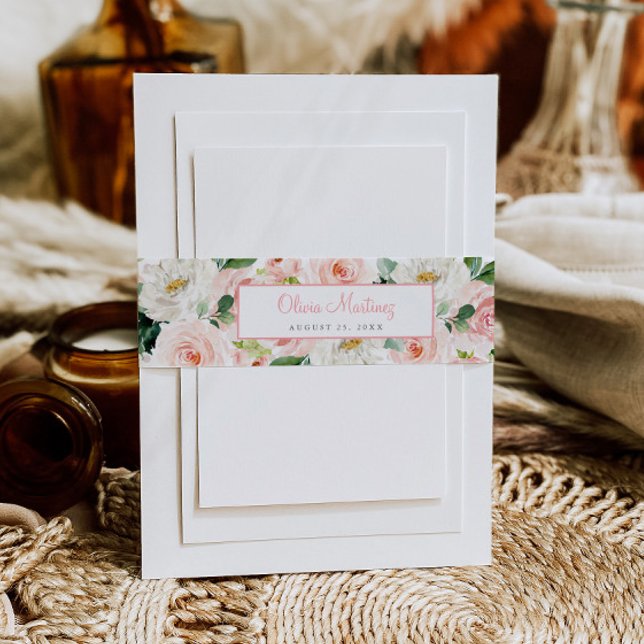 Pink Floral Quinceañera Invitation Belly Band Rose (Creator Uploaded)