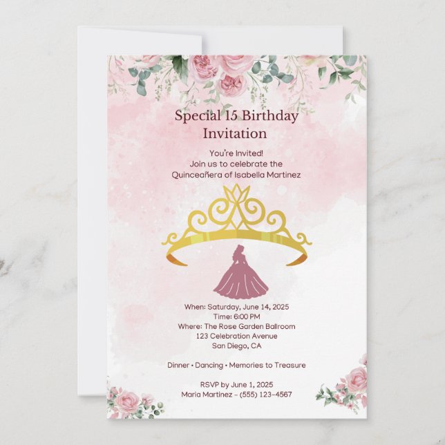 Pink Floral Quinceañera Invitation Flat Card (Front)