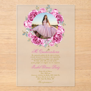 Pink floral Quinceanera invitation with picture