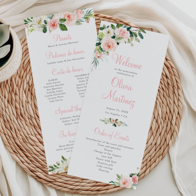 Pink Floral Quinceañera Program Order of Events Programme (Creator Uploaded)