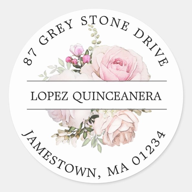 Pink Floral Quinceanera Return Address Label (Front)