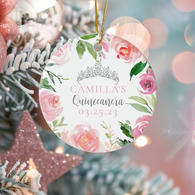 Pink Floral Quinceañera Silver Tiara Christmas Ceramic Tree Decoration (Creator Uploaded)