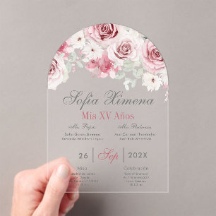 Pink Floral Quinceañera Spanish  Acrylic Invitations