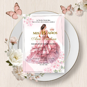 Pink Floral Quinceañera Spanish Invitation