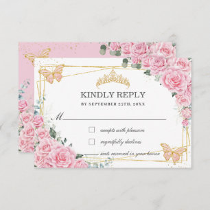 Pink Floral Quinceañera Sweet 16 Butterflies Reply RSVP Card