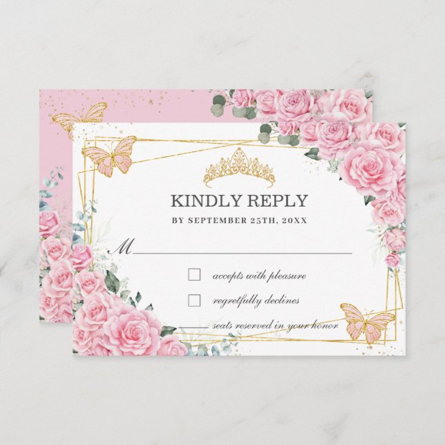 Pink Floral Quinceañera Sweet 16 Butterflies Reply RSVP Card (Front/Back)