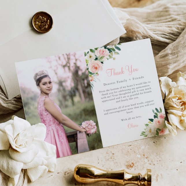 Pink Floral Quinceañera Thank You Card 3 Photos (Creator Uploaded)