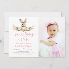 Pink Floral Rabbit Some Bunny 1st Birthday Photo Invitation