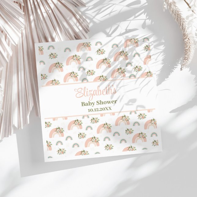 Pink Floral Rainbow Baby Shower Napkins (Pink Floral Rainbow Baby Shower Napkins on a sunny white table.)