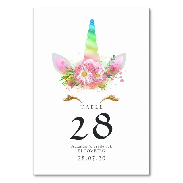Pink Floral Rainbow Unicorn Baby Shower Table Number (Front)