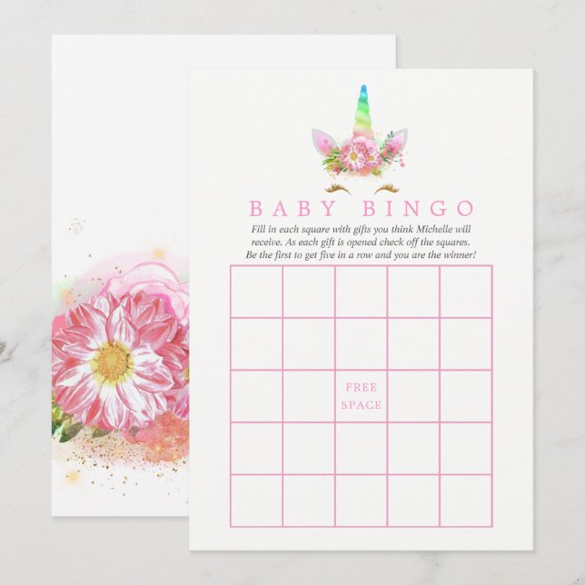 Pink Floral Rainbow Unicorn Girl Baby Shower Bingo Invitation (Front/Back)