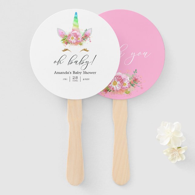 Pink Floral Rainbow Unicorn Girl Baby Shower Hand Fan (Front and Back)