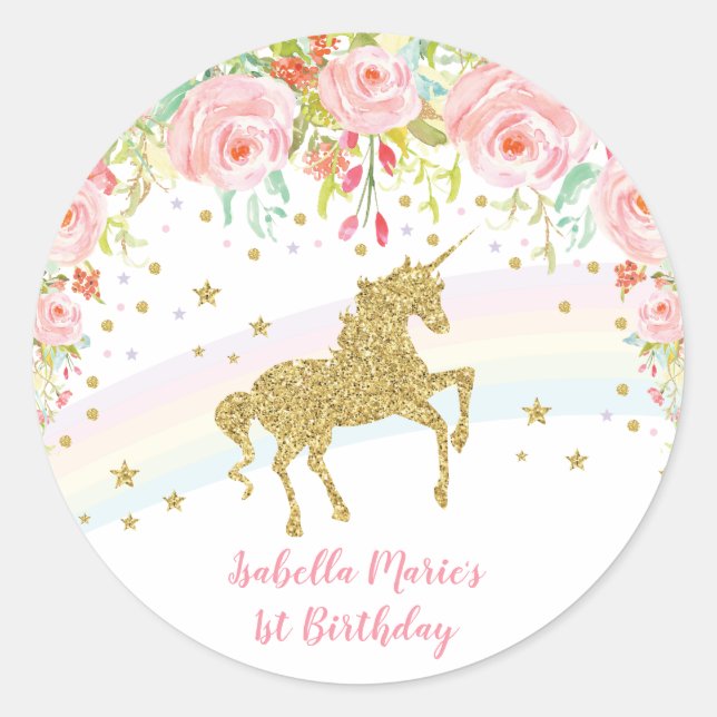 Pink Floral Rainbow Unicorn Thank You Favours Classic Round Sticker (Front)