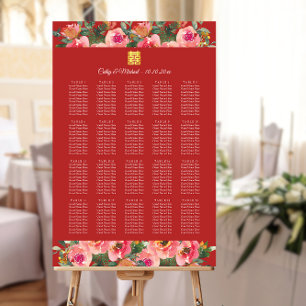 Pink floral red chinese wedding seating chart