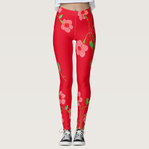 Pink Floral Red Leggings