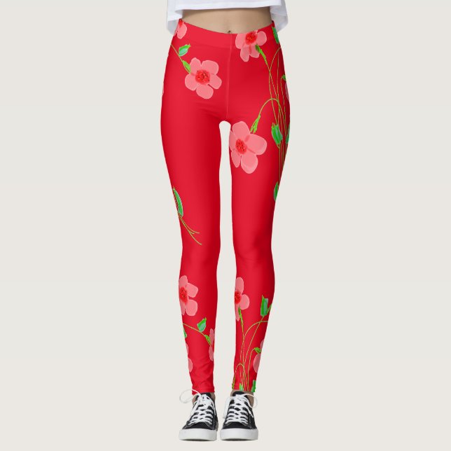 Pink Floral Red Leggings (Front)