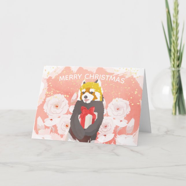 Pink Floral Red Panda Gold Glitter Christmas Card (Front)