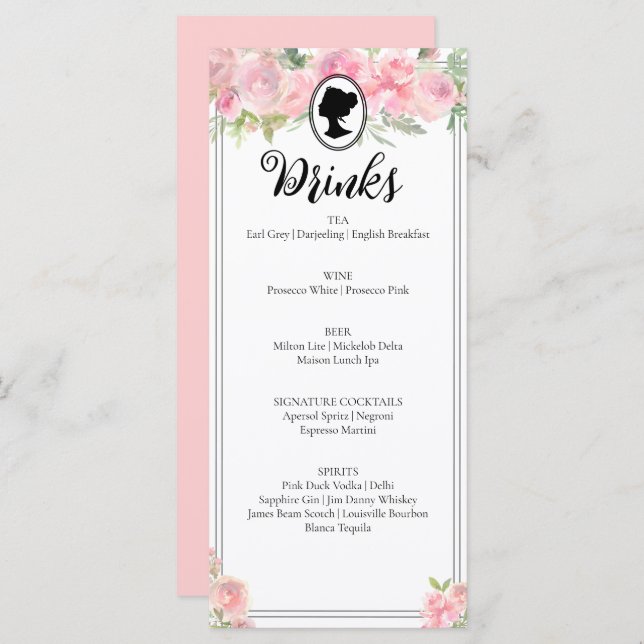 Pink Floral Regency Bridal Shower Cocktail Menu (Front/Back)