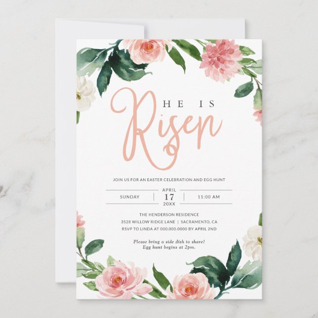 Pink Floral Religious He is Risen Easter Brunch Invitation (Front)