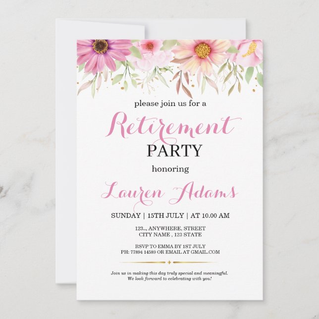 Pink Floral Retirement Party Invitation (Front)
