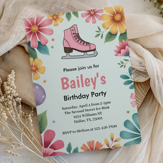 Pink Floral Retro Ice Skating Birthday Invitation (Creator Uploaded)