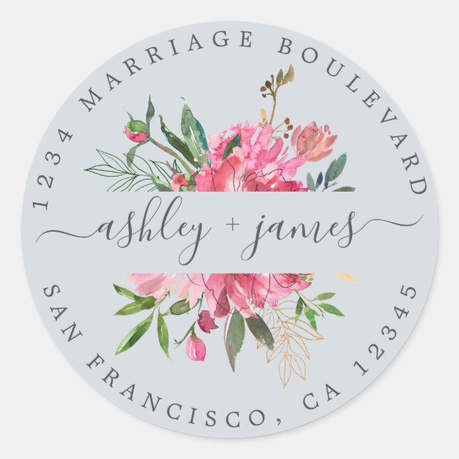 Pink Floral Return Address Blue Envelope Seal (Front)