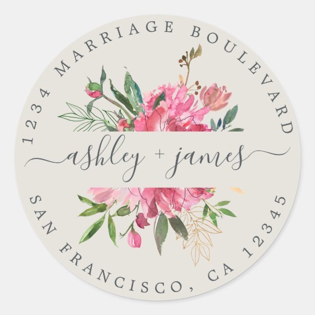 Pink Floral Return Address Grey Envelope Seal (Front)