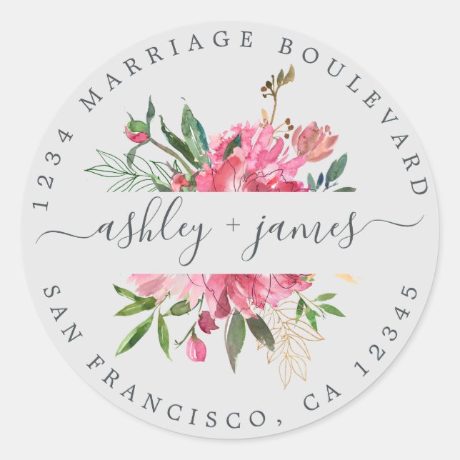 Pink Floral Return Address Grey Envelope Seal (Front)