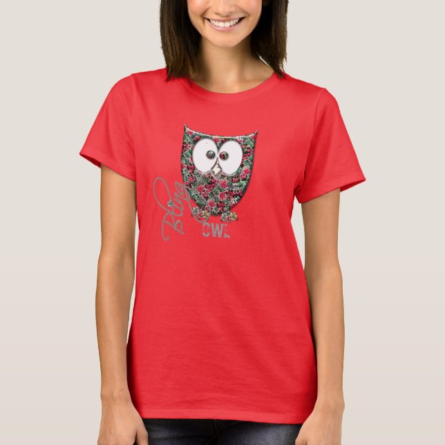 Pink Floral Rhinestone Bling (Printed) Owl T-Shirt (Front)