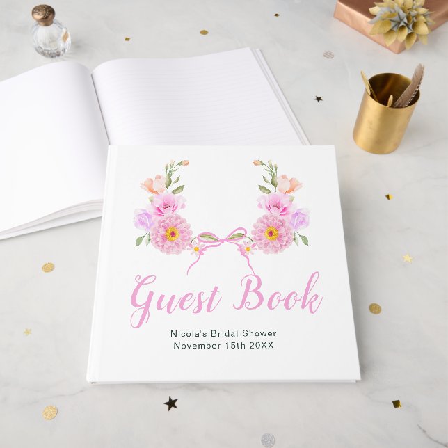 Pink Floral Ribbon Bridal Shower Guest Book (Front Open)