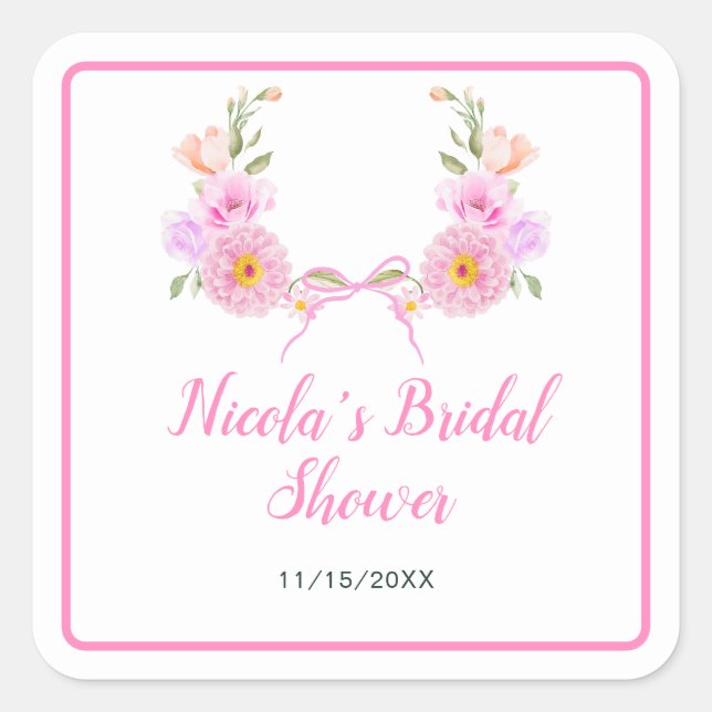 Pink Floral Ribbon Bridal Shower Square Sticker (Front)