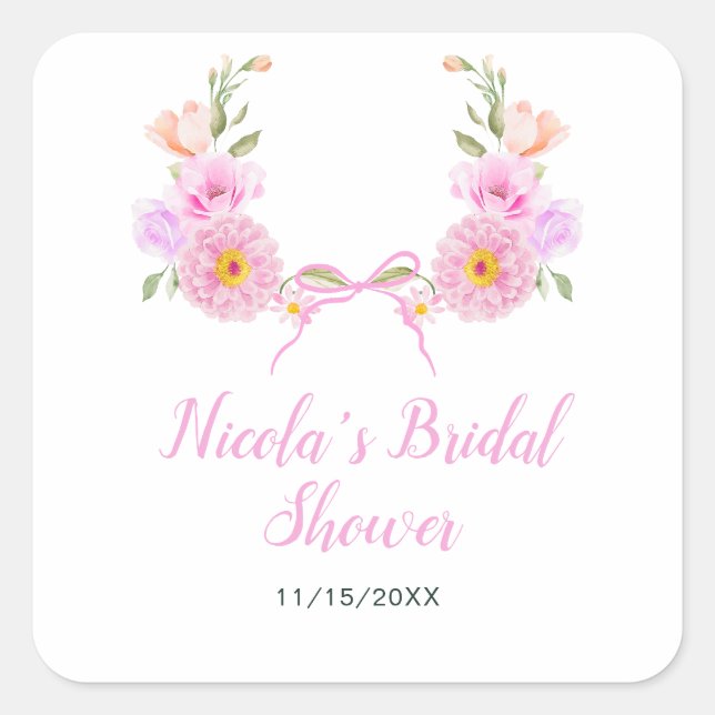Pink Floral Ribbon Bridal Shower Square Sticker (Front)