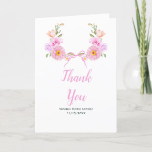 Pink Floral Ribbon Bridal Shower Thank You Card