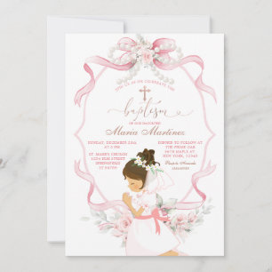Pink Floral Ribbon Little Girl Praying Baptism Invitation