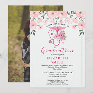 Pink Floral RN Nursing Graduation Invitation   BSN