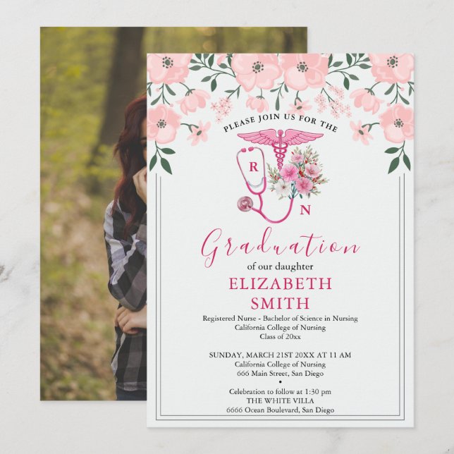 Pink Floral RN Nursing Graduation Invitation | BSN (Front/Back)