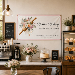 Pink Floral Rolling Pin Bakery Banner