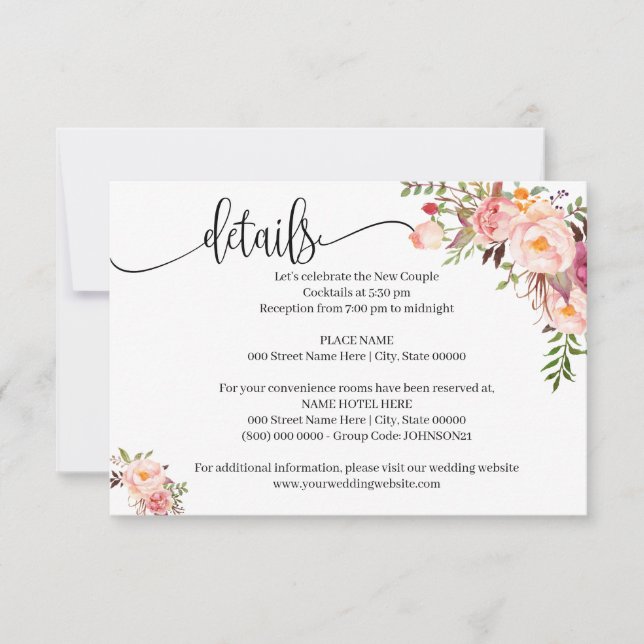 Pink Floral Romantic boho chic insert card (Front)