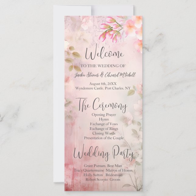 Pink Floral Romantic Wedding Program (Front)