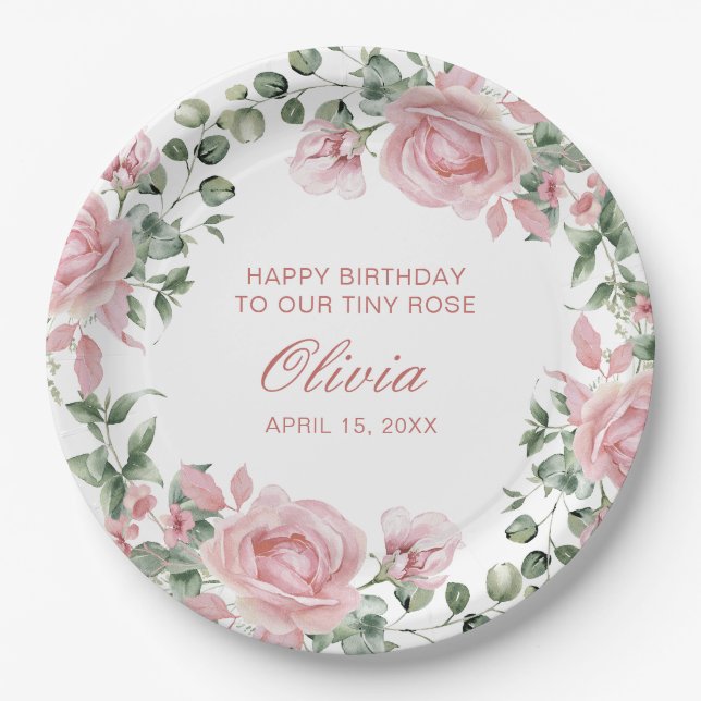 Pink Floral Rose 1st Birthday Party Plate (Front)