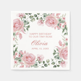 Pink Floral Rose 1st Birthday Party Plate Napkin