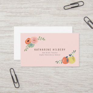 Pink Floral Rose & Apples Teacher Business Card