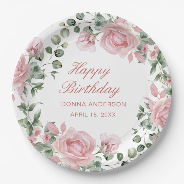 Pink Floral Rose Birthday Party Plate (Front)