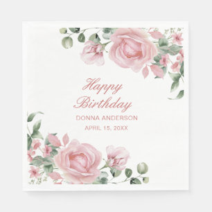 Pink Floral Rose Birthday Party Plate Napkin
