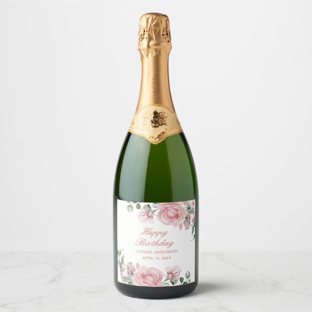 Pink Floral Rose Birthday Party Plate Sparkling Wine Label (Front)
